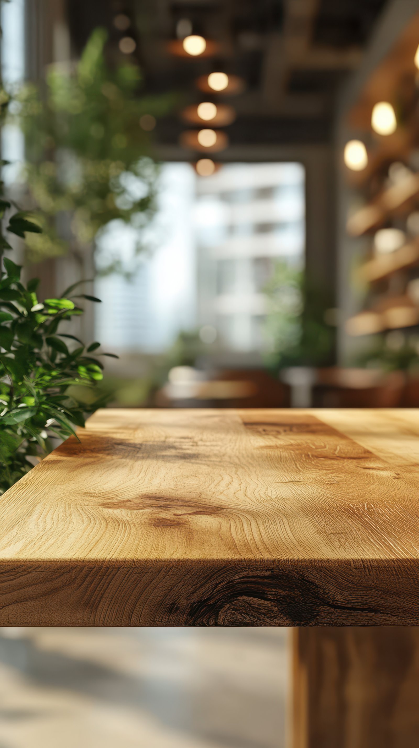 Natural wood surface in a modern cafe with vibrant greenery and urban views in the background